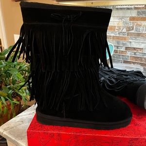 American rag black fringe suede boots